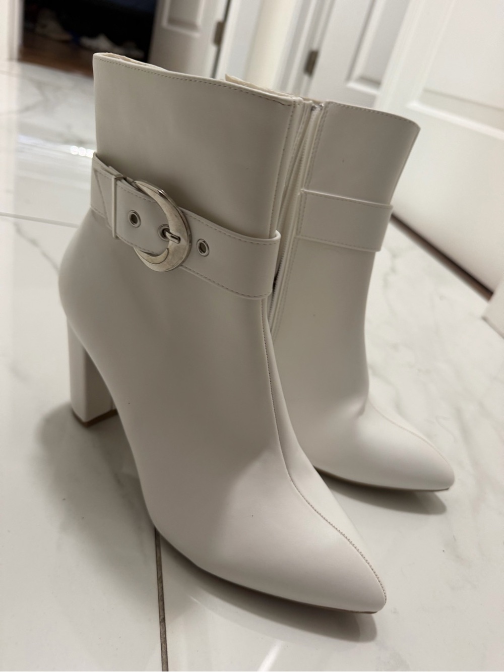 TOP Moda White Pointed Ankle Booties with Buckle Accent